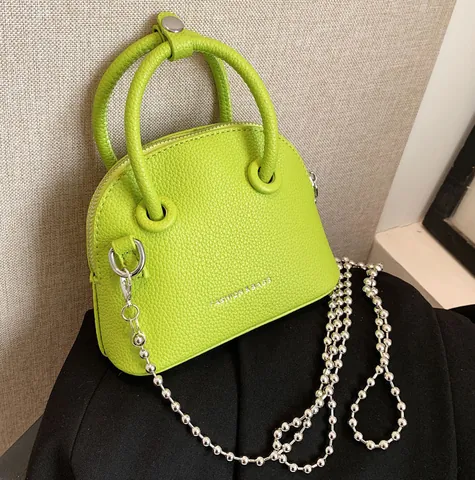 Women Fashion Mini Shell Crossbody Bag Lychee Pattern PU Leather Handbag With Silver Ball Chain Strap Elegant Shoulder Bag