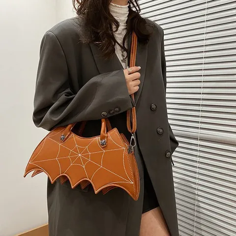 Gothic Bat Wing Shoulder Bag Spider Web Stitching PU Leather Crossbody Handbag Halloween Party Theme Accessory For Women