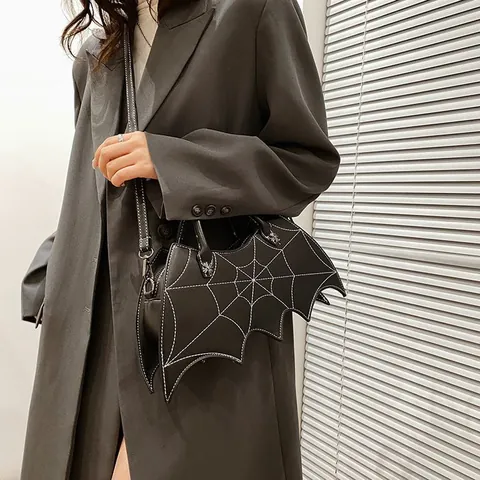 Gothic Bat Wing Shoulder Bag Spider Web Stitching PU Leather Crossbody Handbag Halloween Party Theme Accessory For Women