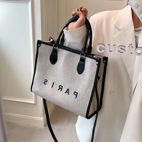 Bolso Tote Casual para Mujer de Lienzo y Cuero PU con Costuras Estampado de Letras Paris Gran Capacidad Bolso de Mano Hombro Bandolera Moda