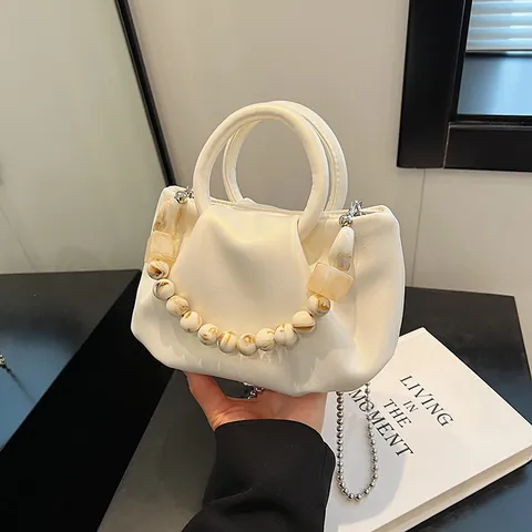 Borsa a Tracolla Plissettata Nuvola da Donna in Pelle PU Manico in Perle Catena Crossbody Mini Handbag Moda Estate