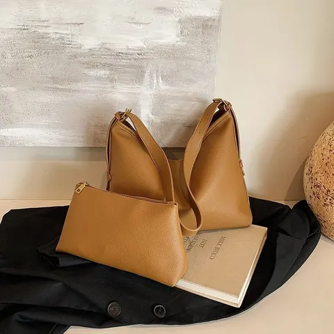 Women's Retro PU Leather Hobo Bag Large Capacity Pebble Grain Tote Shoulder Bag 2-Piece Set Commuting Underarm Purse