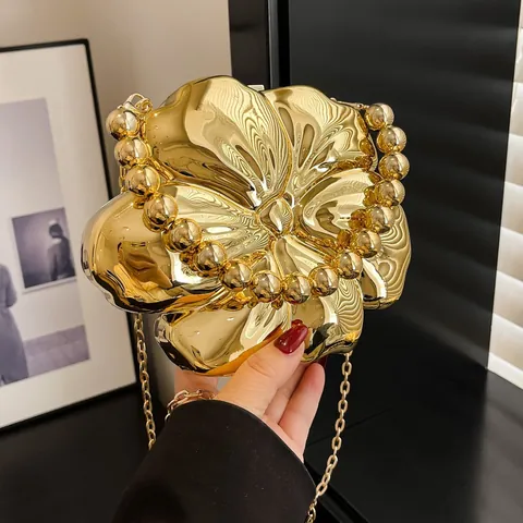 Borsa da Sera a Scatola in Forma di Fiore d'Oro Vintage da Donna in Acrilico con Catena a Tracolla per Matrimonio Festa