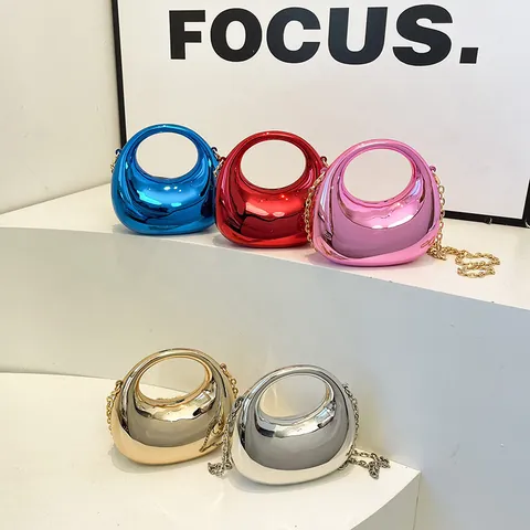 Metallic Mirror Acrylic Evening Bag Women Niche Circular Hollow Handle Drop Shaped Handbag With Chain Strap Party Wedding Purse