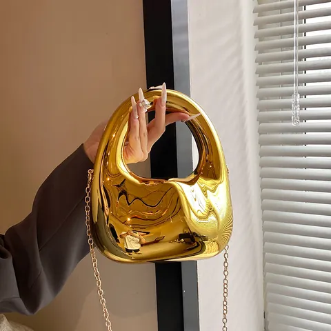 Sac à Main Minimaliste en Acrylique Effet Miroir Avec Bandoulière Chaîne Poignée Évidée Ovale Sac de Soirée pour Femmes