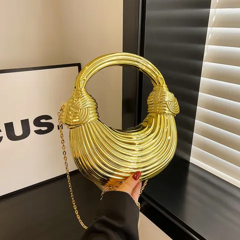 Borsa a Mezzaluna Metallica Per Donna Borsa da Sera Pieghettata Con Tracolla a Catena Oro Argento Borsa da Festa