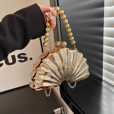Bolso de Noche de Acrílico con Forma de Concha Espejo Metálico Con Asa de Perlas Artificiales Correa de Cadena para Mujer Boda Fiesta