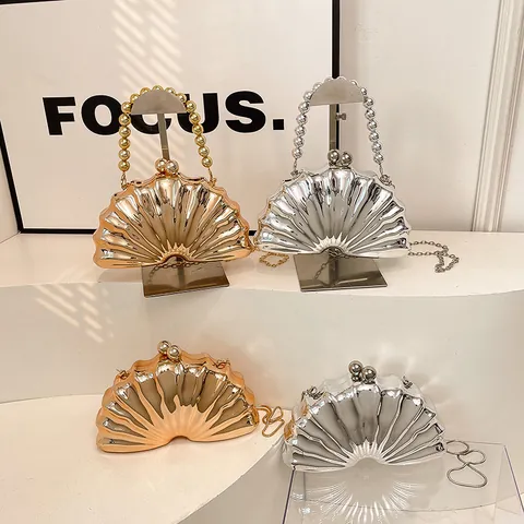 Bolso de Noche de Acrílico con Forma de Concha Espejo Metálico Con Asa de Perlas Artificiales Correa de Cadena para Mujer Boda Fiesta