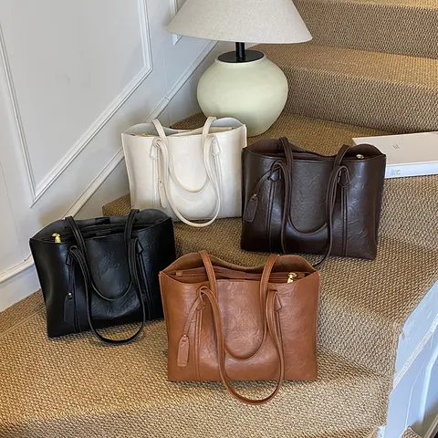 Damen Große Kapazität PU Leder Tote Bag Vintage Minimalistisch Lässige Schultertasche Retro Pendler Büro Schule Tasche