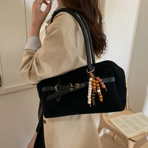 Women Retro Suede Textured Boston Bag Large Capacity Shoulder Tote Handbag With Wood Bead Charm Contrast Color Stitching Buckle Crossbody Bag