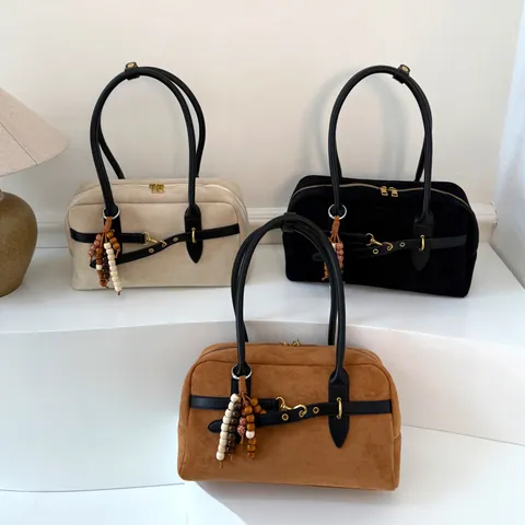 Women Retro Suede Textured Boston Bag Large Capacity Shoulder Tote Handbag With Wood Bead Charm Contrast Color Stitching Buckle Crossbody Bag