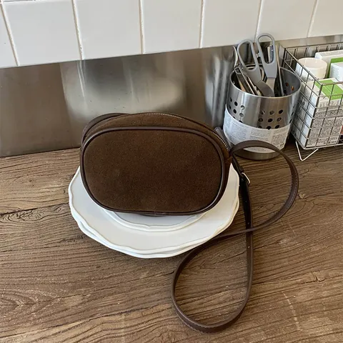 Women Vintage Split Leather Suede Oval Crossbody Bag Solid Color Small Shoulder Bag For Daily Commuting Retro Elegant Purse