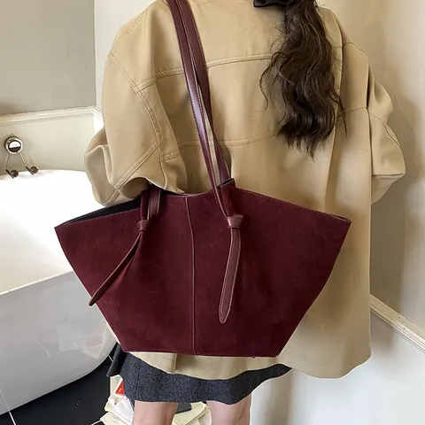 Women's Large Capacity Suede PU Leather Tote Bag And Pouch Minimalist Solid Color Shoulder Bag Casual Commuting Bag