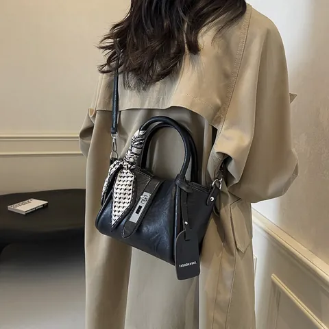 Women Stylish PU Leather Tote Bag Scarf Handle Metal Lock Crossbody Bucket Bag Daily Commuting Fashion Handbag