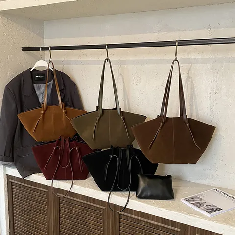 Women's Large Capacity Suede PU Leather Tote Bag And Pouch Minimalist Solid Color Shoulder Bag Casual Commuting Bag