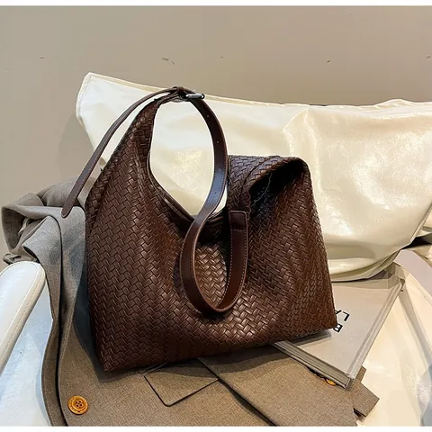 Women Vintage Woven PU Leather Large Capacity Shoulder Bag Retro Commuter Tote Hobo Bag Casual Daily Work Bag