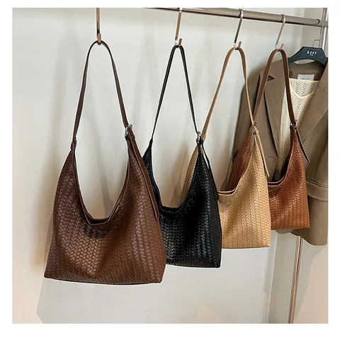 Women Vintage Woven PU Leather Large Capacity Shoulder Bag Retro Commuter Tote Hobo Bag Casual Daily Work Bag