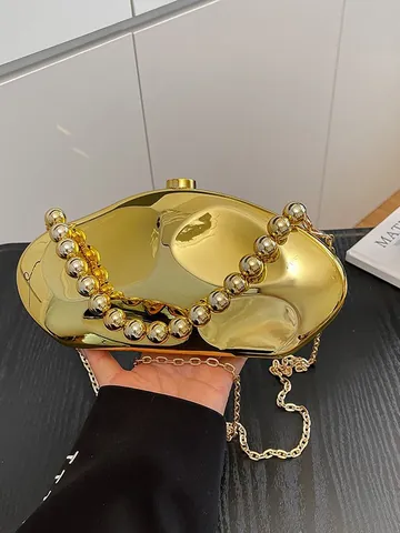 Luxurious Irregular Metallic Mirror Evening Bag For Women Gold Silver Acrylic Party Clutch Crossbody Handbag With Chain Strap