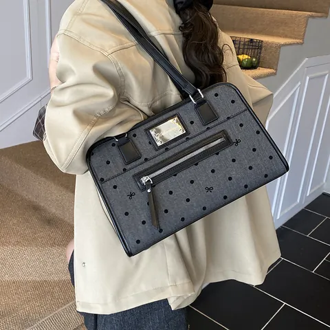 Bolso de Hombro de Moda con Lunares y Lazo Gran Capacidad de Cuero PU y Lona para Mujer Elegante Bolso de Axila Retro