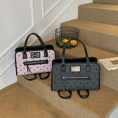 Bolso de Hombro de Moda con Lunares y Lazo Gran Capacidad de Cuero PU y Lona para Mujer Elegante Bolso de Axila Retro