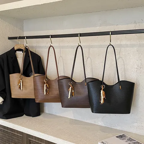 Women Large Capacity Woven Tote Bag PU Leather Shoulder Bag With Wooden Bead Pendant Urban Minimalist Commuter Handbag Hobo Bag