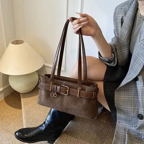 Women Vintage Suede-Look PU Underarm Bag Retro Belt Buckle Decor Shoulder Tote Bag Fashion Solid Color Square Commuting Handbag