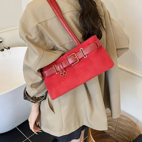 Women Vintage Suede-Look PU Underarm Bag Retro Belt Buckle Decor Shoulder Tote Bag Fashion Solid Color Square Commuting Handbag