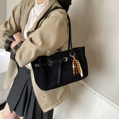 Women Suede Retro Tote Bag Minimalist Underarm Shoulder Bag With Wooden Bead Charm Large Capacity Commute Shopping Handbag