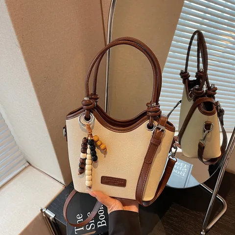 Retro Damen Beuteltasche Segeltuch Leder Patchwork Schulterhandtasche Mit Holzperlen Anhänger Lässige Tägliche Pendler Umhängetasche