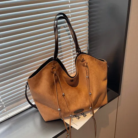 Sac Fourre-tout Grande Capacité Style Coréen Aspect Daim PU Pour Femmes Sac à Épaule Minimaliste Avec Cordon de Serrage