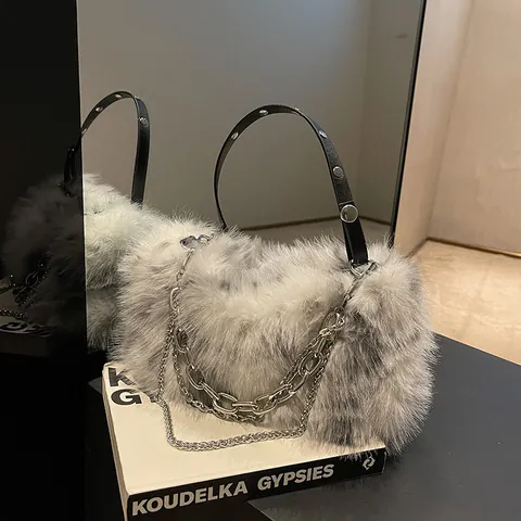 Damen Kunstfell Plüsch Schultertasche Minimalistische Kette Unterarmtasche Flauschige Umhängetasche Warme Winter Mode Handtasche
