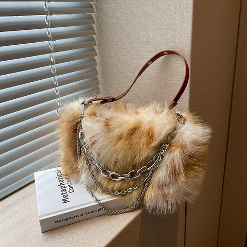 Damen Kunstfell Plüsch Schultertasche Minimalistische Kette Unterarmtasche Flauschige Umhängetasche Warme Winter Mode Handtasche
