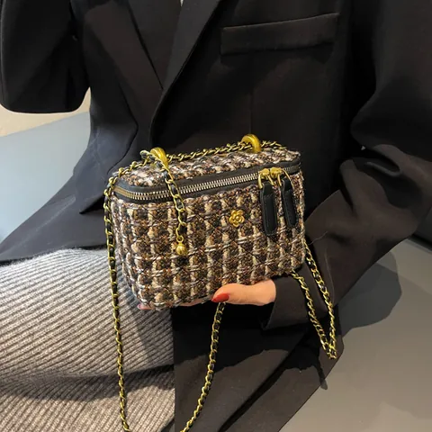 Elegant Tweed Crossbody Bag For Women Luxury Camellia Metal Chain Strap Mini Box Square Shoulder Bag Retro Party Vanity Case