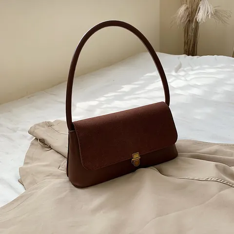 Vintage Minimalistische Spleiß PU Wildleder Unterarmtasche Für Damen Nischen Design Schultertasche Mit Gold Metallschloss