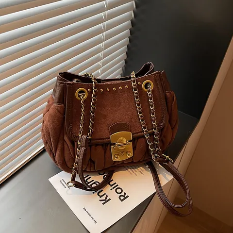 Vintage Pleated Faux Suede Shoulder Bag For Women Rivet Decor Metal Lock Chain Strap Crossbody Bag Casual Commute Handbag