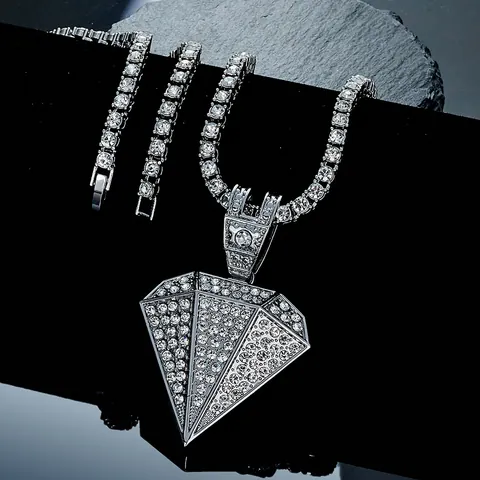 Hip Hop Legierung Strass Diamant Form Anhänger Halskette Gold Silber Galvanisiert Tennis Kette Set Für Damen Herren Schmuck