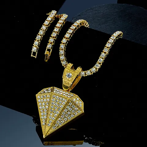 Hip Hop Legierung Strass Diamant Form Anhänger Halskette Gold Silber Galvanisiert Tennis Kette Set Für Damen Herren Schmuck