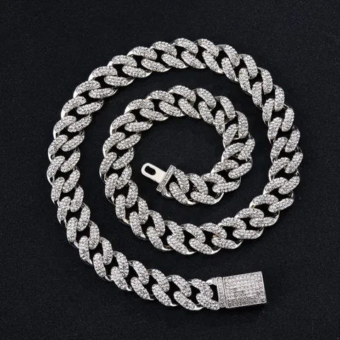 Collana Bracciale a Maglia Cubana Iced Out Hip-hop Oro Argento Lega di Zinco Pieno di Strass Gioielli per Uomo Donna Festa