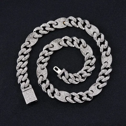 Collana Bracciale a Maglia Cubana Hip Hop Iced Out Lega di Zinco Strass Uomo Donna Gioielli alla Moda Streetwear