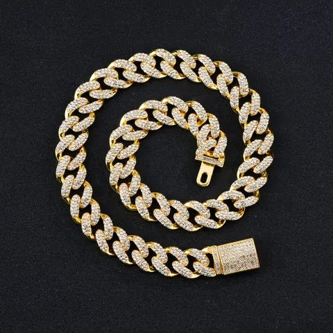 Collana Bracciale a Maglia Cubana Iced Out Hip-hop Oro Argento Lega di Zinco Pieno di Strass Gioielli per Uomo Donna Festa