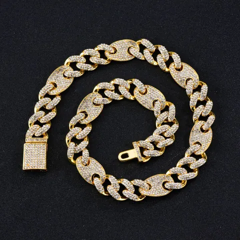 Collana Bracciale a Maglia Cubana Hip Hop Iced Out Lega di Zinco Strass Uomo Donna Gioielli alla Moda Streetwear