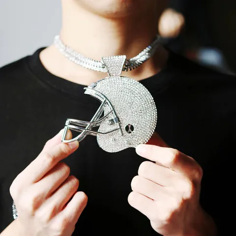 Hip Hop Iced Out Oversized Football Helmet Pendant Alloy Rhinestone Cuban Link Chain Necklace For Men Women Street Jewelry