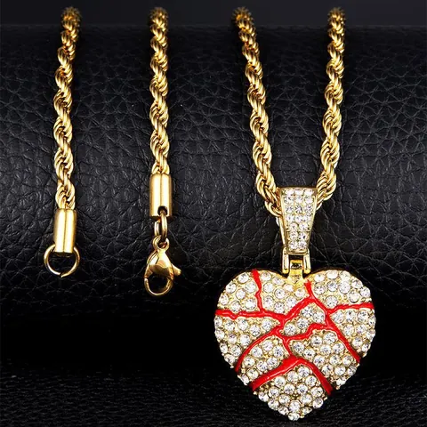 Collana Con Ciondolo a Cuore Spezzato Hip Hop Per Uomo Donna Orecchini a Cuore Con Strass Iced Out Con Catena a Corda In Acciaio Inossidabile Gioielli