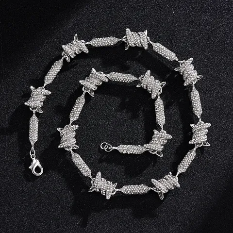 Hip Hop Iced Out Barbed Wire Necklace Alloy Rhinestone Cuban Link Chain Punk Style Street Jewelry For Men Women Party Decor