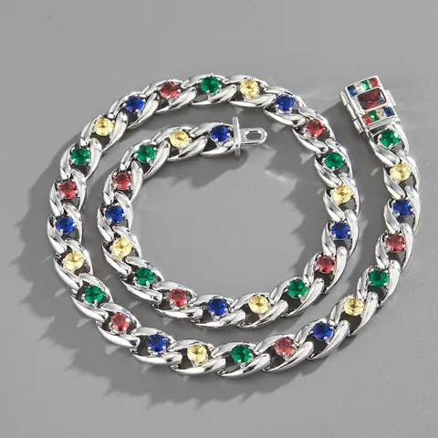 Collana Cubana in Lega Stile Hip Hop Con Intarsi in Zirconia Multicolore Gioielli Unisex Streetwear
