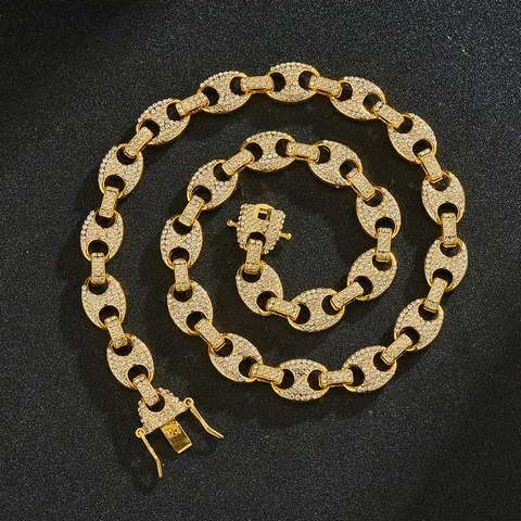 Iced Out Hip Hop Mariner Link Chain Necklace Bracelet Zinc Alloy Clear Rhinestone Gold Silver Plated Coffee Bean Jewelry For Men Women
