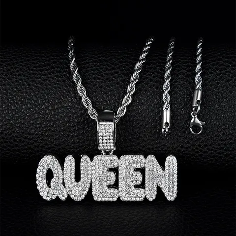 Collana con Pendente a Lettera Queen Hiphop Iced Out Placcata Oro Argento Lega di Zinco Strass Catena Corda Tennis Cubana Gioielli Streetwear