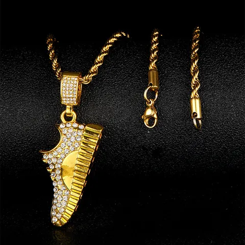 Hip Hop Iced Out Rhinestone Sneaker Pendant Necklace With Stainless Steel Rope Chain For Men Women Street Style Jewelry