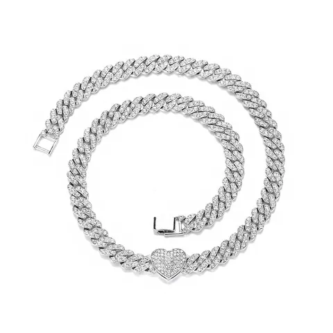 Hip Hop Heart Cuban Link Chain Iced Out Gold Silver Alloy Rhinestone Pendant Necklace Bracelet For Men Women Party Jewelry