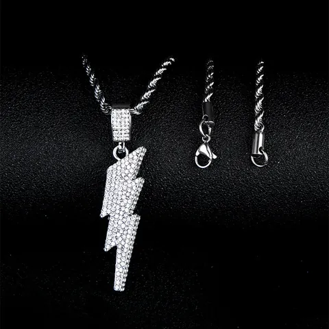 Hip Hop Iced Out Lightning Bolt Pendant Necklace Stainless Steel Rope Chain Zinc Alloy Rhinestone Jewelry For Men Women
